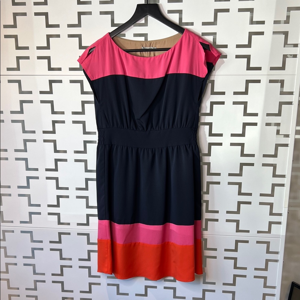 Eliza J Navy, Pink, and Orange Midi Dress